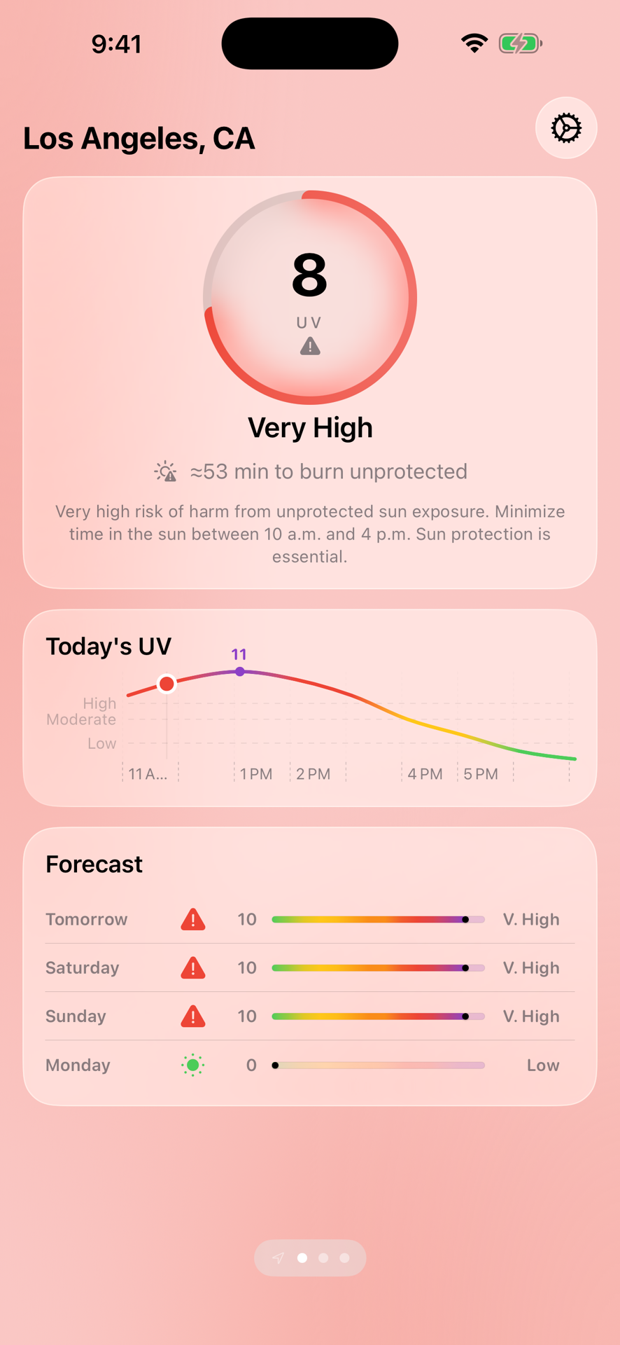 UV Report showing a Very High UV reading with the minutes-to-burn estimate and protection advice